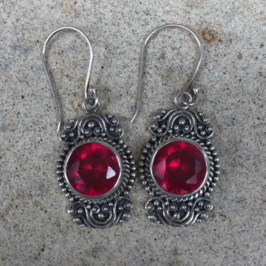 ER 12478 RB-(HANDMADE 925 BALI SILVER EARRINGS WITH SYNTHETIC RUBY)